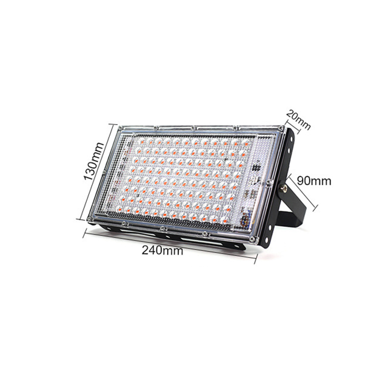 Ein rechteckiger LED-Flutlichtstrahler. Er hat einen schwarzen Rahmen, zahlreiche LEDs und die angegebenen Abmessungen: 240 mm, 130 mm, 90 mm und 20 mm. Er steht auf einer Halterung.