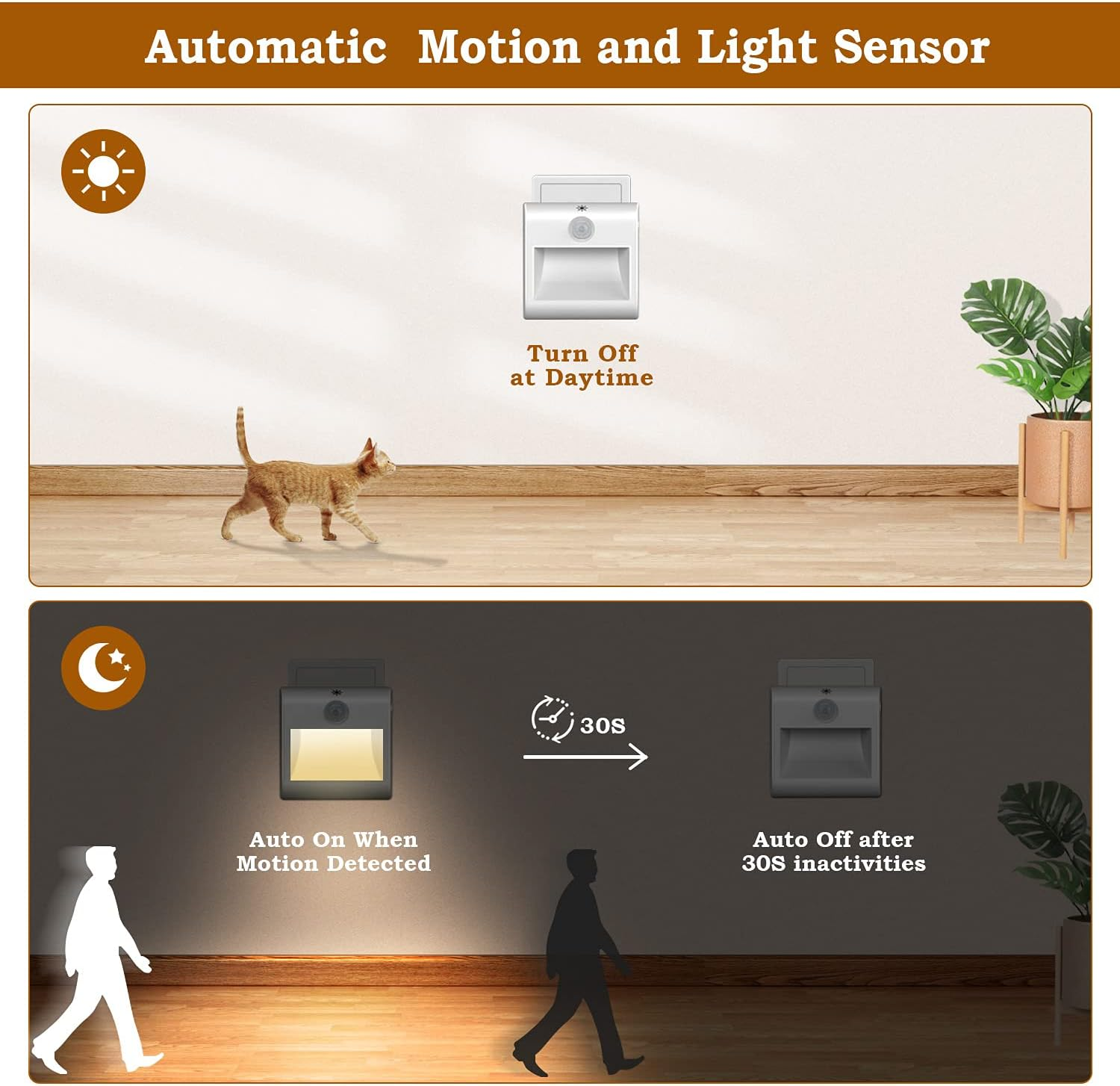 Das Bild zeigt einen automatischen Bewegungs- und Lichtsensor. Es zeigt den Betrieb bei Tag und Nacht mit Katze, Personen und dem Sensor.