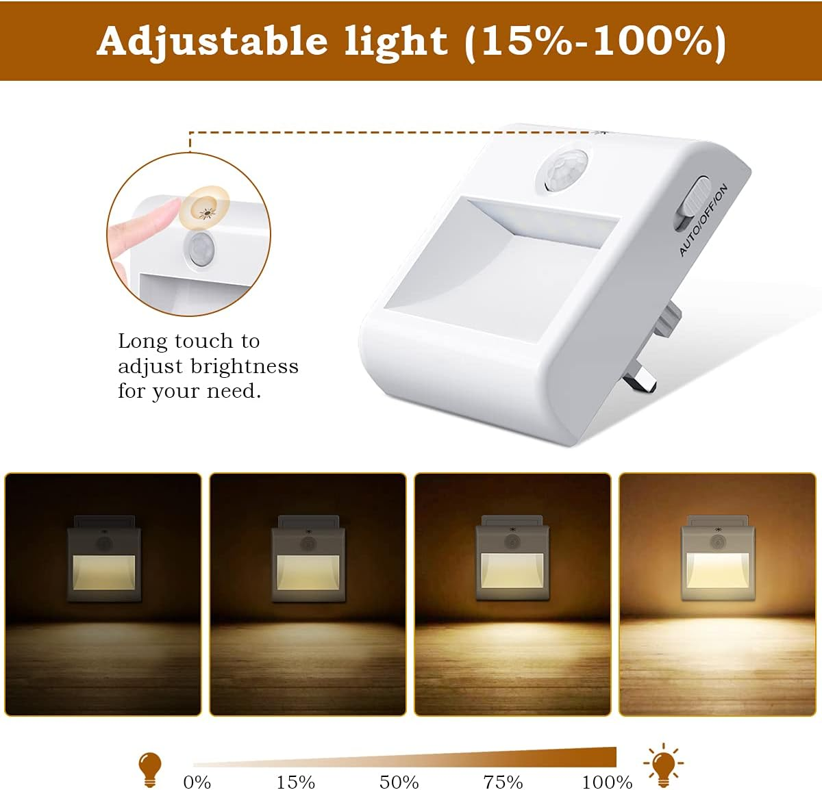Ein weißes, einstellbares Licht mit Helligkeitsstufen von 0 % bis 100 %. Zeigt, wie man es einstellt. Hat einen Ein-/Aus-Schalter und einen Sensor.