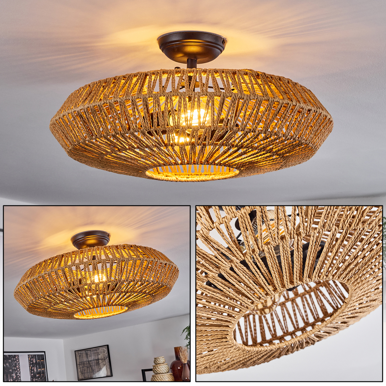Eine Deckenlampe aus geflochtenem Seil. Die Lampe ist braun und hat eine runde Form. Sie hängt an der weißen Decke.