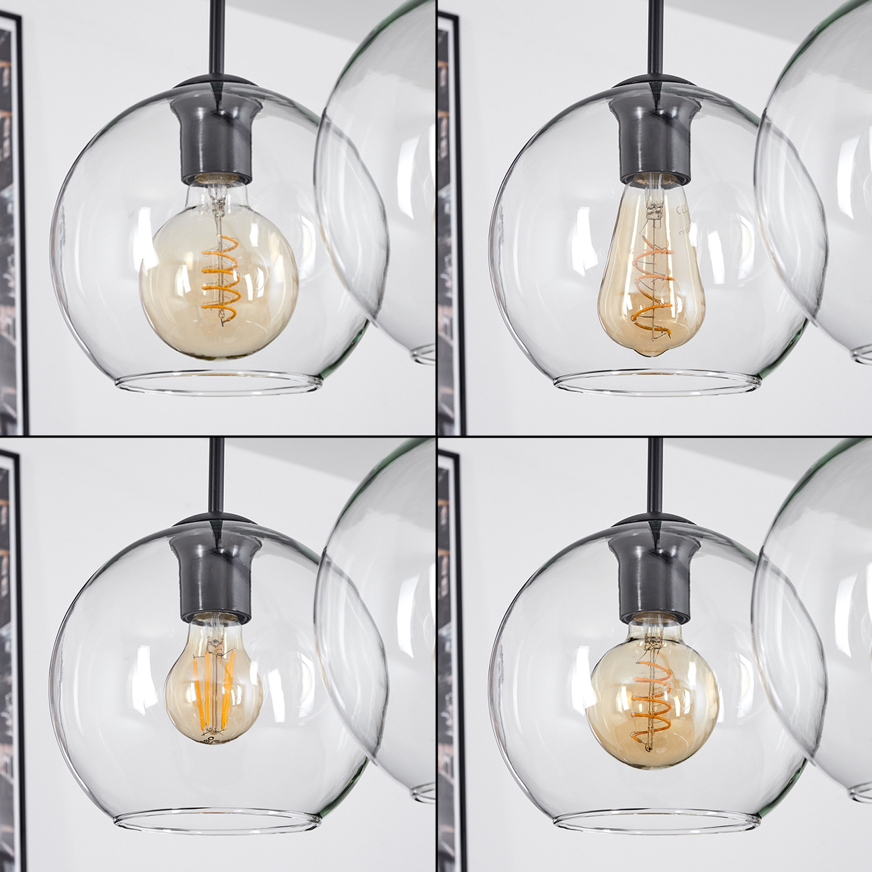 Vier transparente Pendelleuchten mit sichtbaren Glühbirnen. Die Glühbirnen haben verschiedene Formen und einen warmen, gelben Schein.