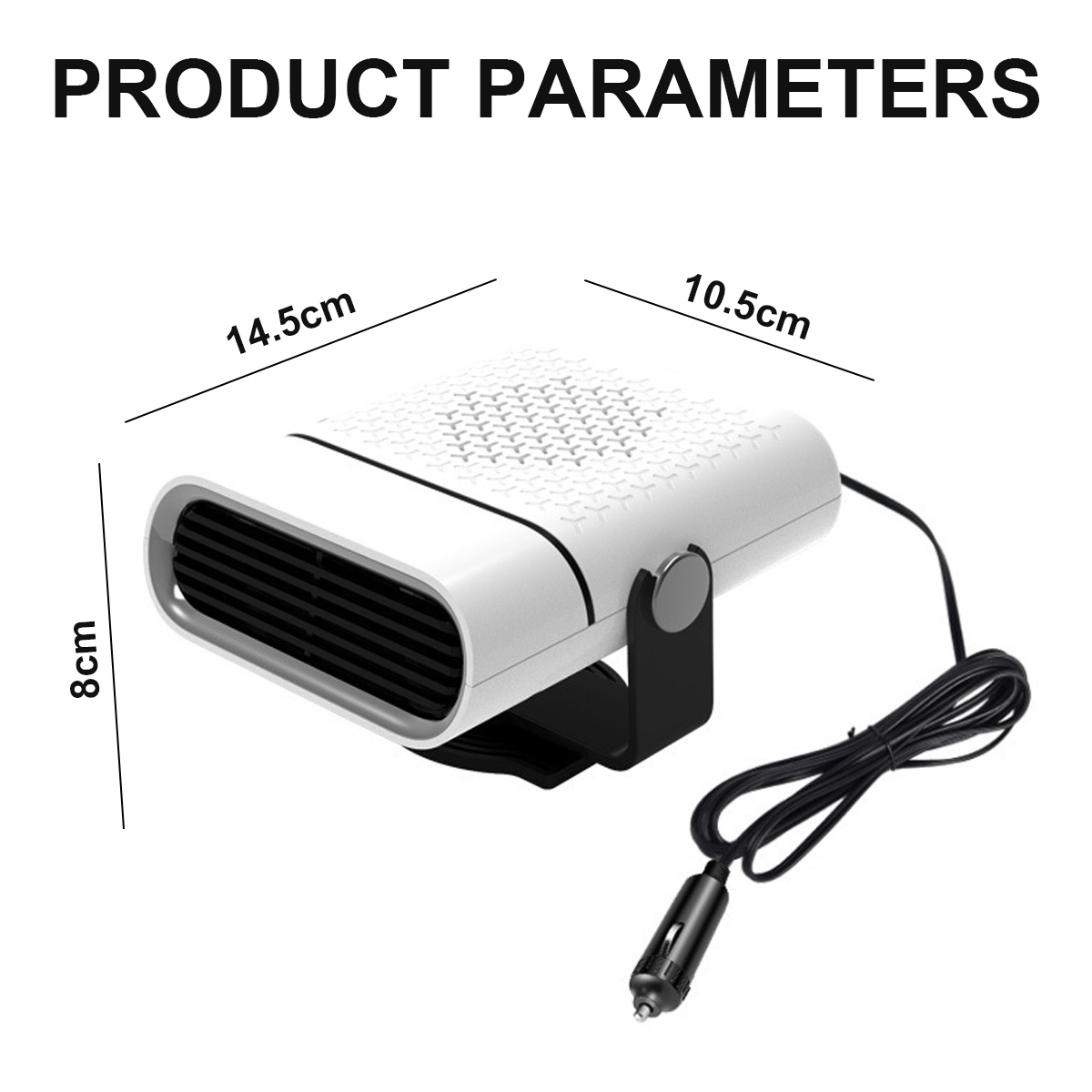 Ein weißer Autoheizlüfter mit beschrifteten Abmessungen. Text: 'Produktparameter'. Ein schwarzes Netzkabel und Stecker sind angeschlossen.