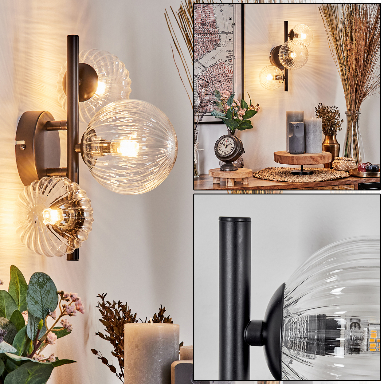 Eine Wandlampe mit drei Glaskugeln an einer weißen Wand. Weitere dekorative Elemente sind Kerzen, Blumen und eine Uhr.