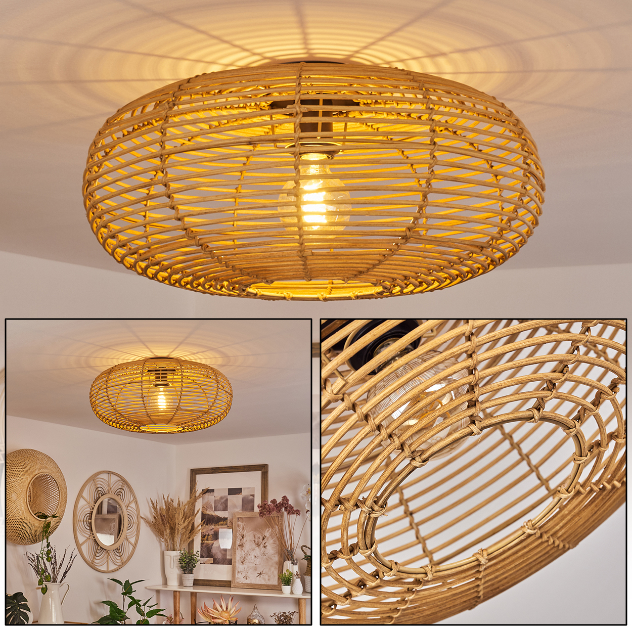 Eine gewebte Rattanlampe hängt von der Decke. Sie ist oval mit einer Glühbirne im Inneren. Darunter ist ein Raum mit Dekoration zu sehen.
