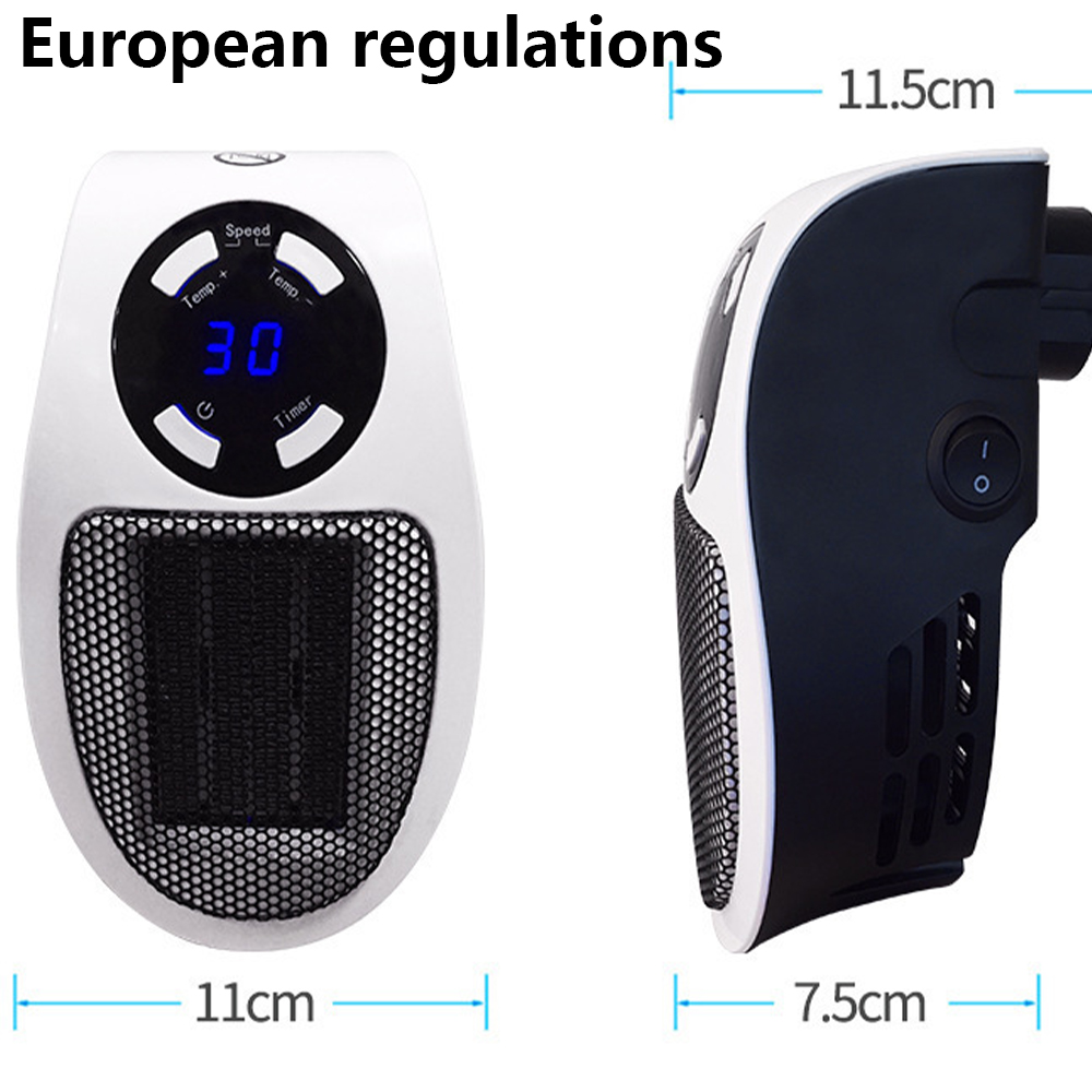 Zwei tragbare Heizungen in Weiß und Schwarz. Eines zeigt ein digitales Display mit der Zahl 30. Abmessungen sind 11 cm, 11,5 cm und 7,5 cm.