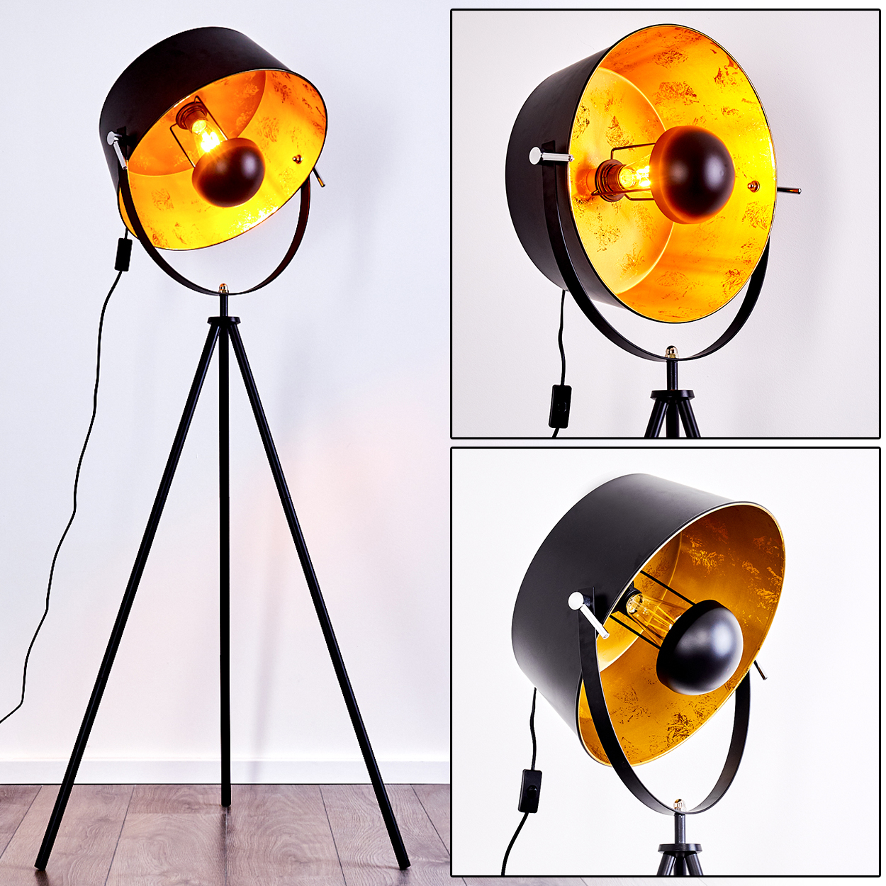 Eine schwarz-goldene Stehlampe mit Dreibeinstativ. Die Lampe hat ein Scheinwerfer-Design mit sichtbarer Glühbirne. Der Hintergrund ist weiß.