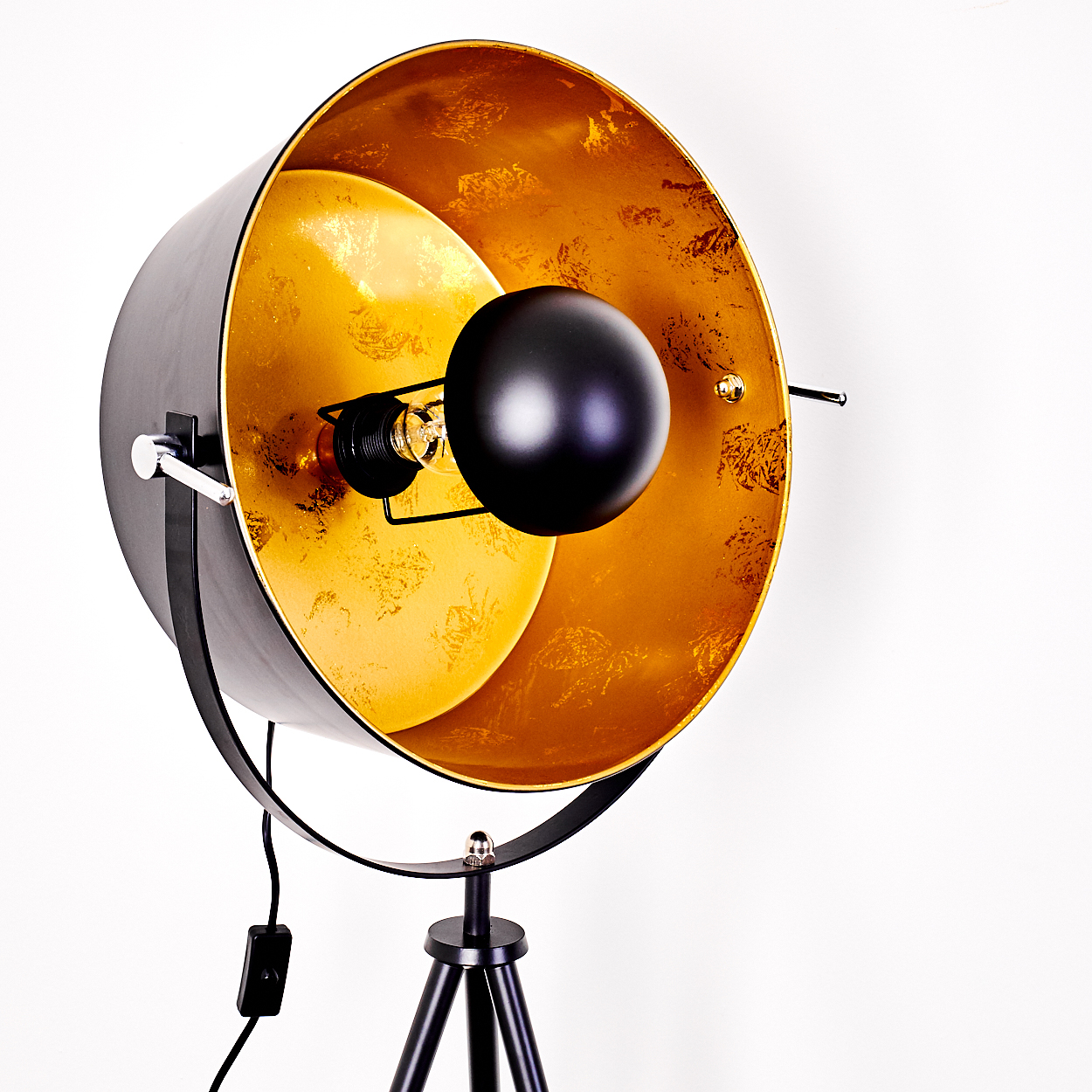 Eine moderne schwarze und goldene Stehlampe mit einer kugelförmigen Glühbirne, vor weißem Hintergrund.