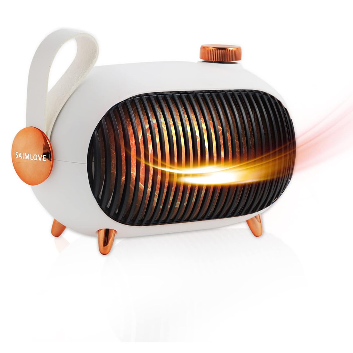 Weißer und kupferfarbener Heizlüfter mit Griff und Füßen. Das Gitter zeigt einen orangefarbenen Schein. 'SAIMLOVE'-Logo. Warmluftstrom.