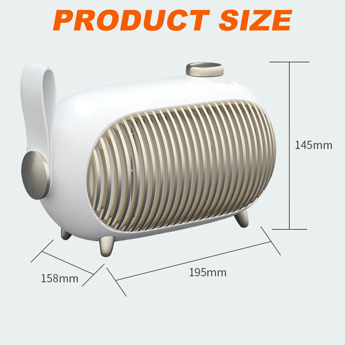 Ein weißer Elektroheizer mit Griff und den Abmessungen 195 mm x 158 mm x 145 mm. Der Text 'PRODUCT SIZE' wird angezeigt.