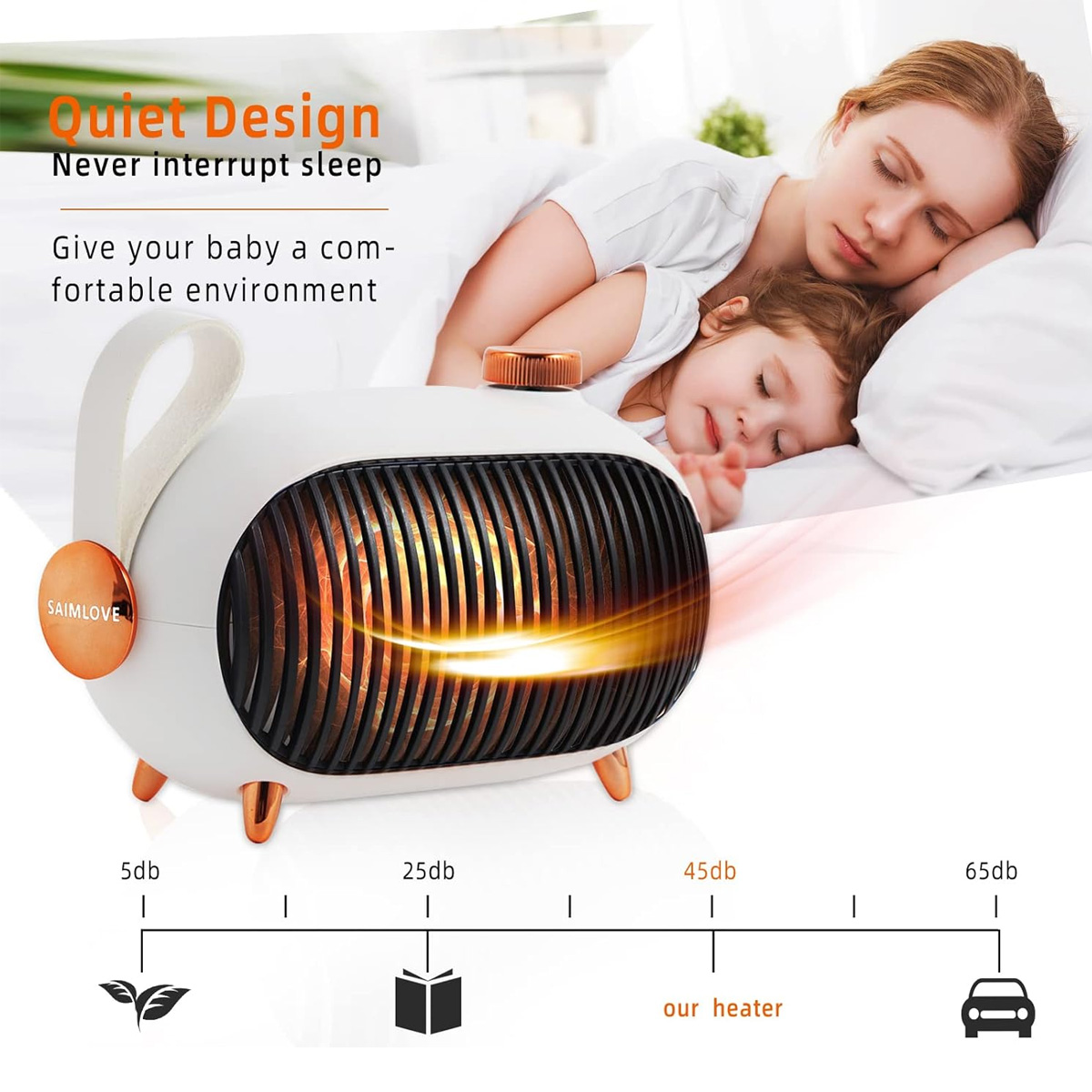 Ein weiß-oranger Heizlüfter neben einer schlafenden Mutter und Kind. Text: 'Leises Design', 'Stört nie den Schlaf', 'Geben Sie Ihrem Baby eine angenehme Umgebung'.