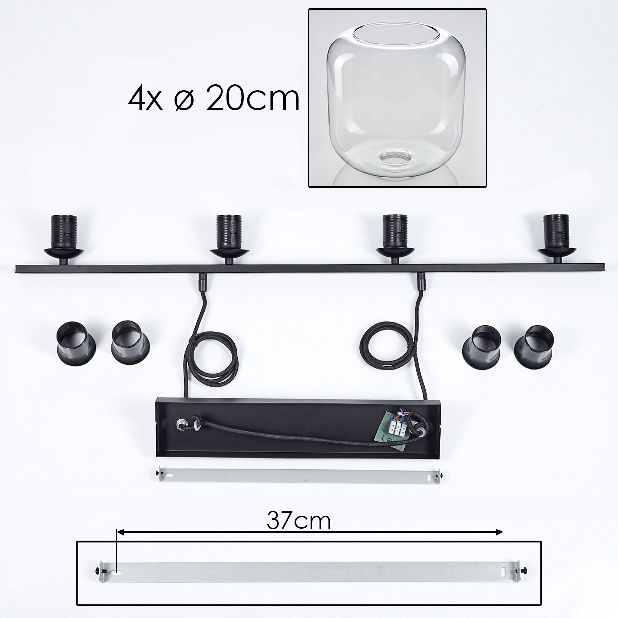 Schwarze Leuchtenteile auf weißem Hintergrund, einschließlich Glasschirm, Metallstange, vier Glühbirnenhalter und andere Komponenten.