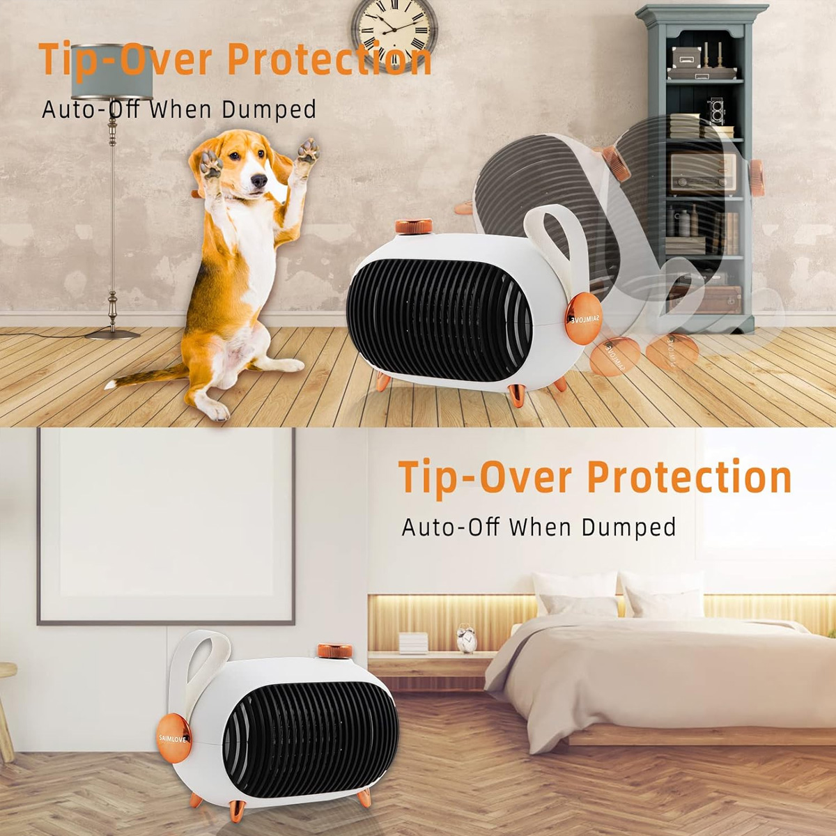 Ein Hund gestikuliert in der Nähe einer Heizung, der Text lautet 'Tip-Over Protection'. Die obere Hälfte hat eine Uhr, die untere ein Bett.