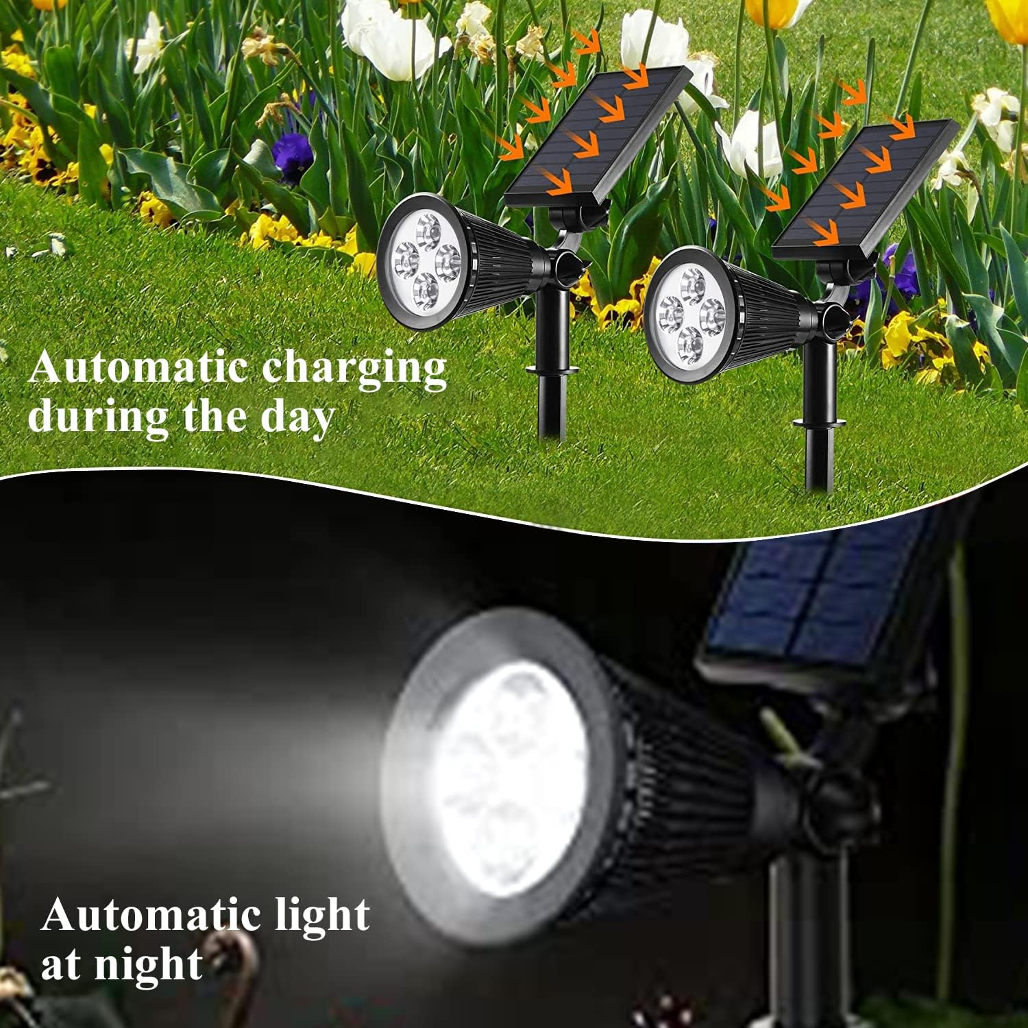 Zwei Solar-Scheinwerfer in einem Garten. Oben: Aufladen während des Tages. Unten: Automatisches Licht bei Nacht. Weiße und gelbe Blumen im Hintergrund.