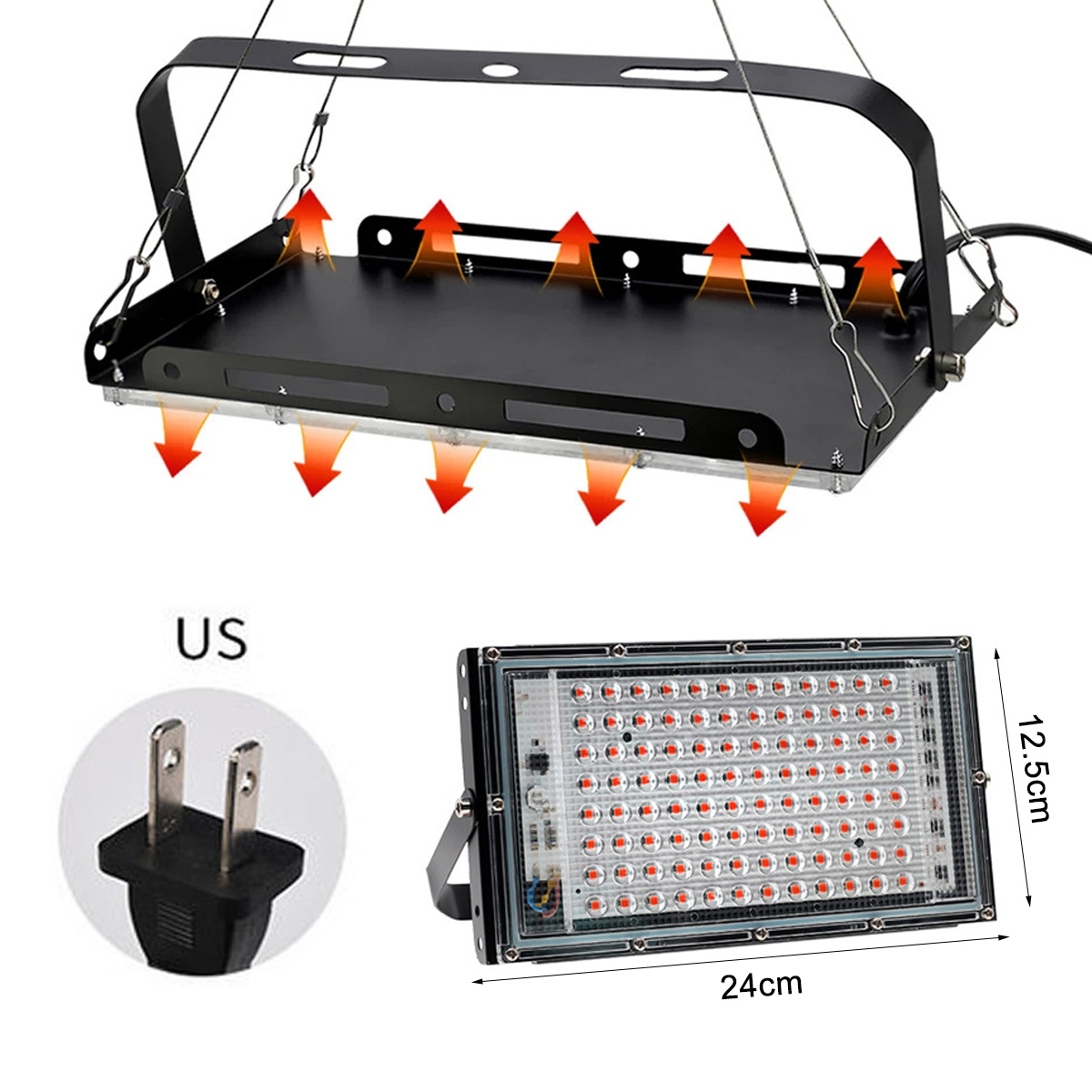 Ein schwarzes LED-Licht mit Aufhängemechanismus, ein kleineres Licht mit roten LEDs und ein US-Stecker.