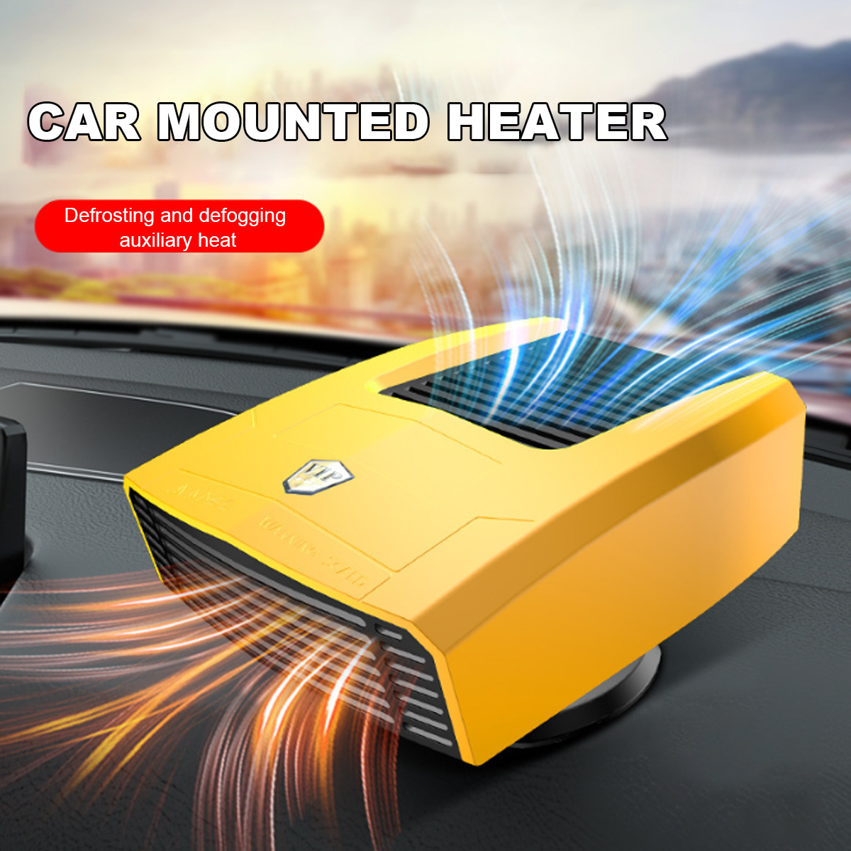Gelbe Autoheizung auf einem Armaturenbrett. Text lautet 'Car Mounted Heater'. Enteisungs- und Entnebelungs-Zusatzheizung.