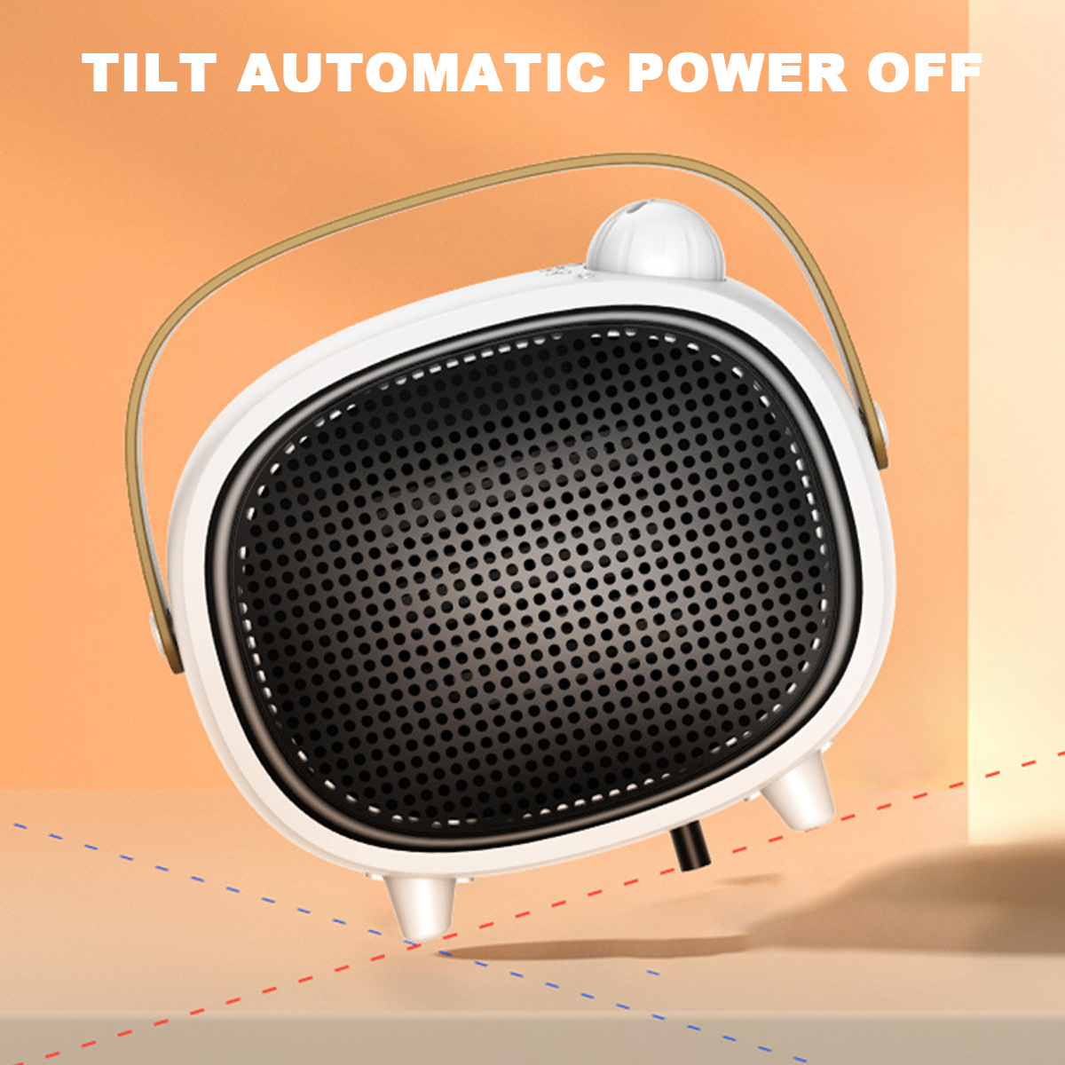 Ein weißer und schwarzer Heizlüfter mit Griff auf orangefarbenem Hintergrund. Der Text lautet 'TILT AUTOMATIC POWER OFF'.