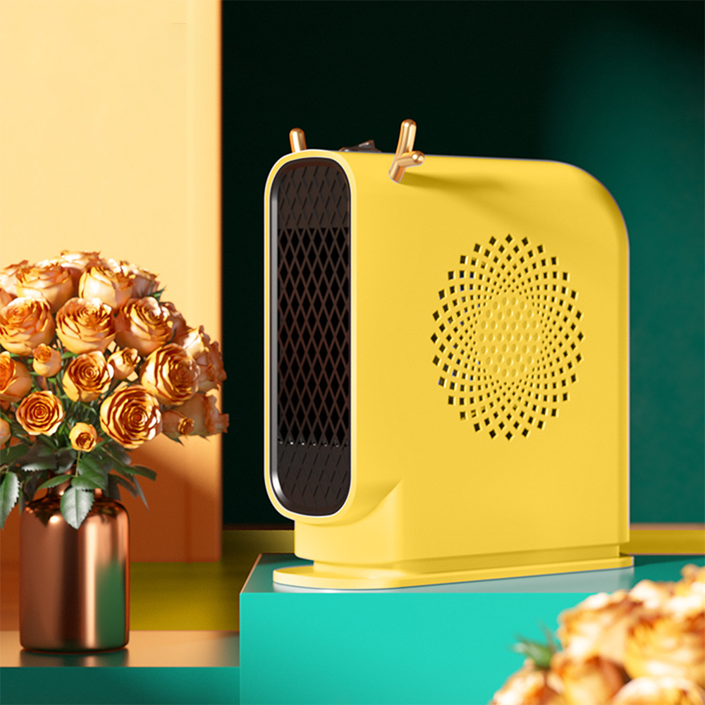 Ein gelbes Heizgerät mit dekorativer Lüftung neben einer Vase mit orangefarbenen Rosen. Der Hintergrund hat gelbe und grüne Blöcke.