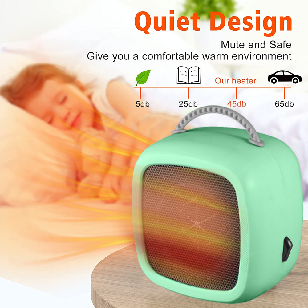 Ein mintgrüner Heizlüfter steht auf einer Holzoberfläche. Im Hintergrund schläft ein Kind. Der Text lautet Quiet Design, Mute and Safe, Our heater.