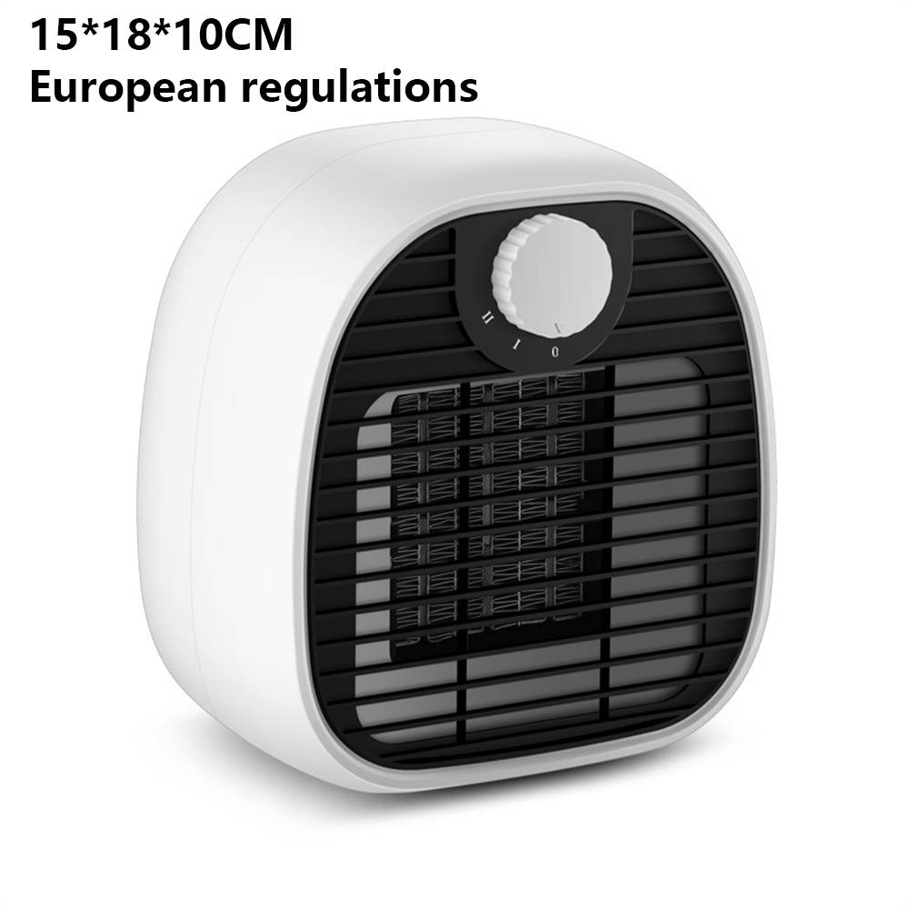 Ein weißer elektrischer Heizlüfter mit schwarzem Grill und Bedienknopf. Er hat eine abgerundete Form und steht auf weißem Hintergrund.