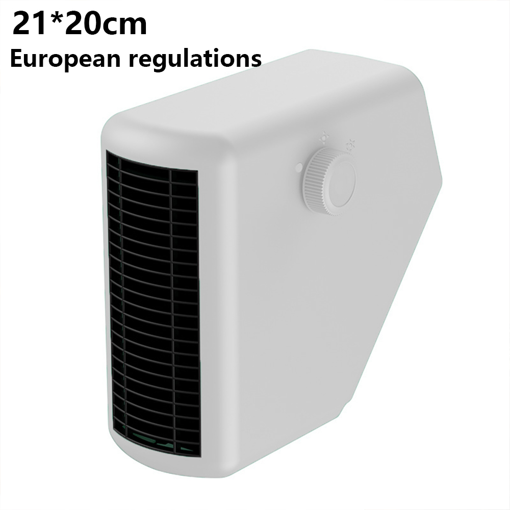 Ein weißer elektrischer Heizlüfter mit schwarzem Gitter und einem Drehknopf. Der Text '21*20cm European regulations' steht darüber.