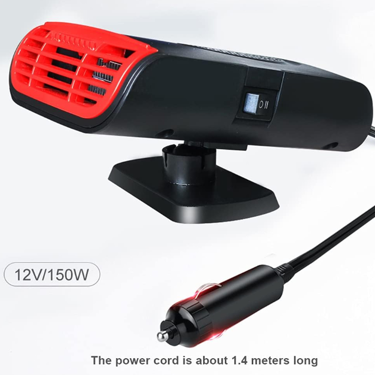 Ein schwarz-roter Autoheizer mit Zigarettenanzünder. Text zeigt 12V/150W und ein 1,4 Meter langes Netzkabel.