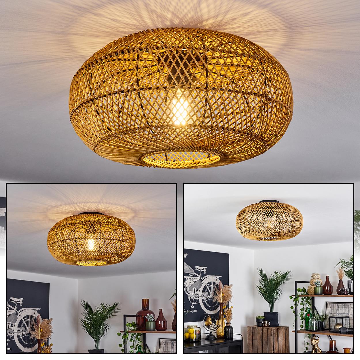 Eine gewebte Deckenlampe aus Rattan. Die Lampe ist beleuchtet und wirft einen warmen Schein. Es gibt auch zwei kleinere Bilder der Lampe in einem Raum.