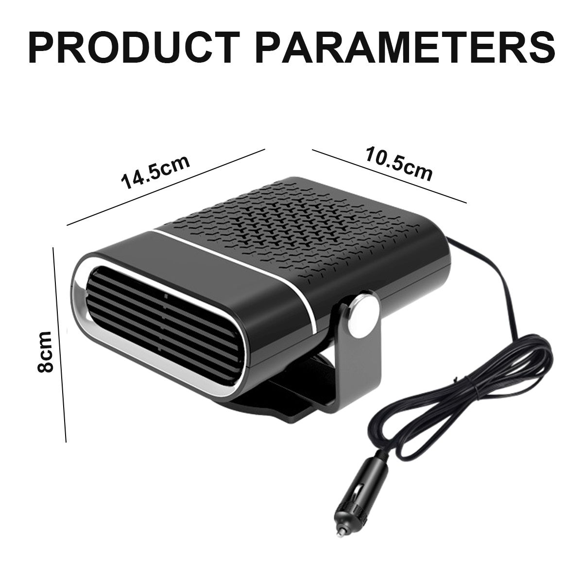 Schwarze Autoheizung mit den angegebenen Abmessungen: 14,5 cm, 10,5 cm und 8 cm. Sie hat ein Netzkabel und einen Zigarettenanzünderstecker.