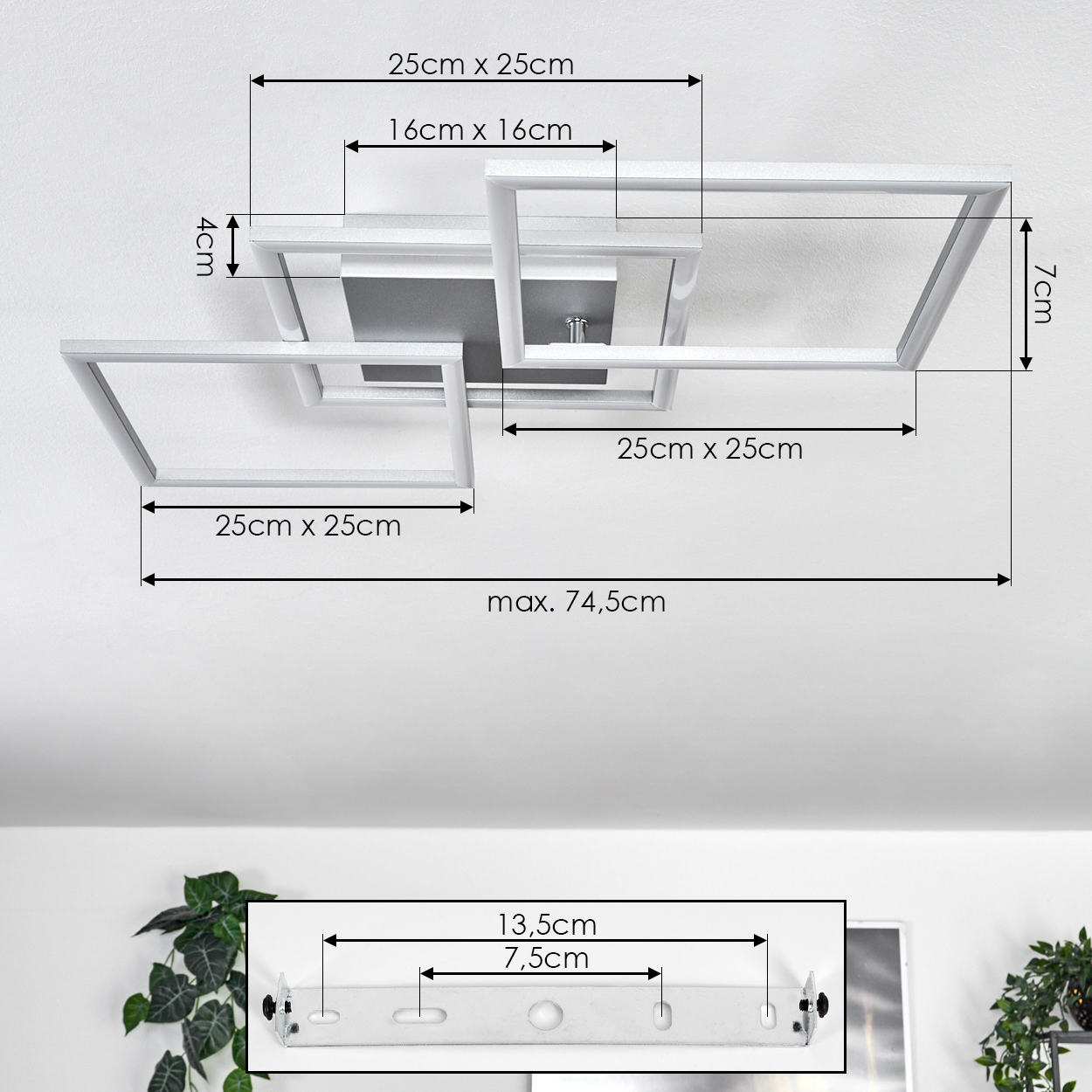 Weiße Deckenlampe mit quadratischen Rahmen, Abmessungen angezeigt. Messdetails, einschließlich einer Halterung unten.