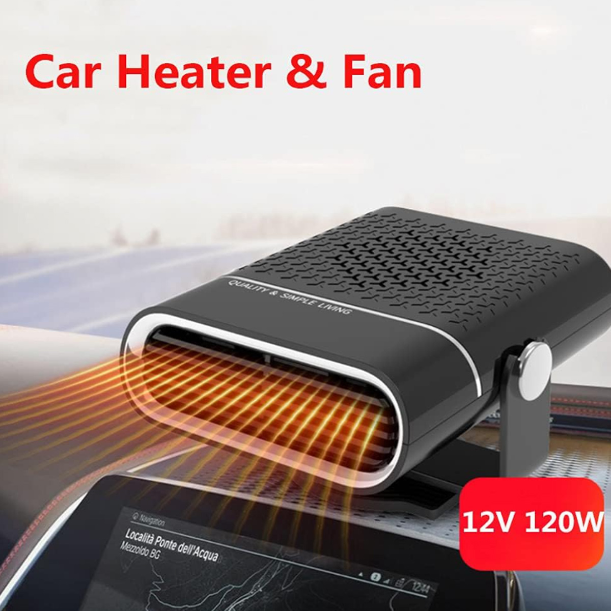 Schwarze Autoheizung mit orangefarbener Wärme, auf einem Armaturenbrett. Roter Text: 'Car Heater & Fan'. Ein Bildschirm zeigt Navigation.