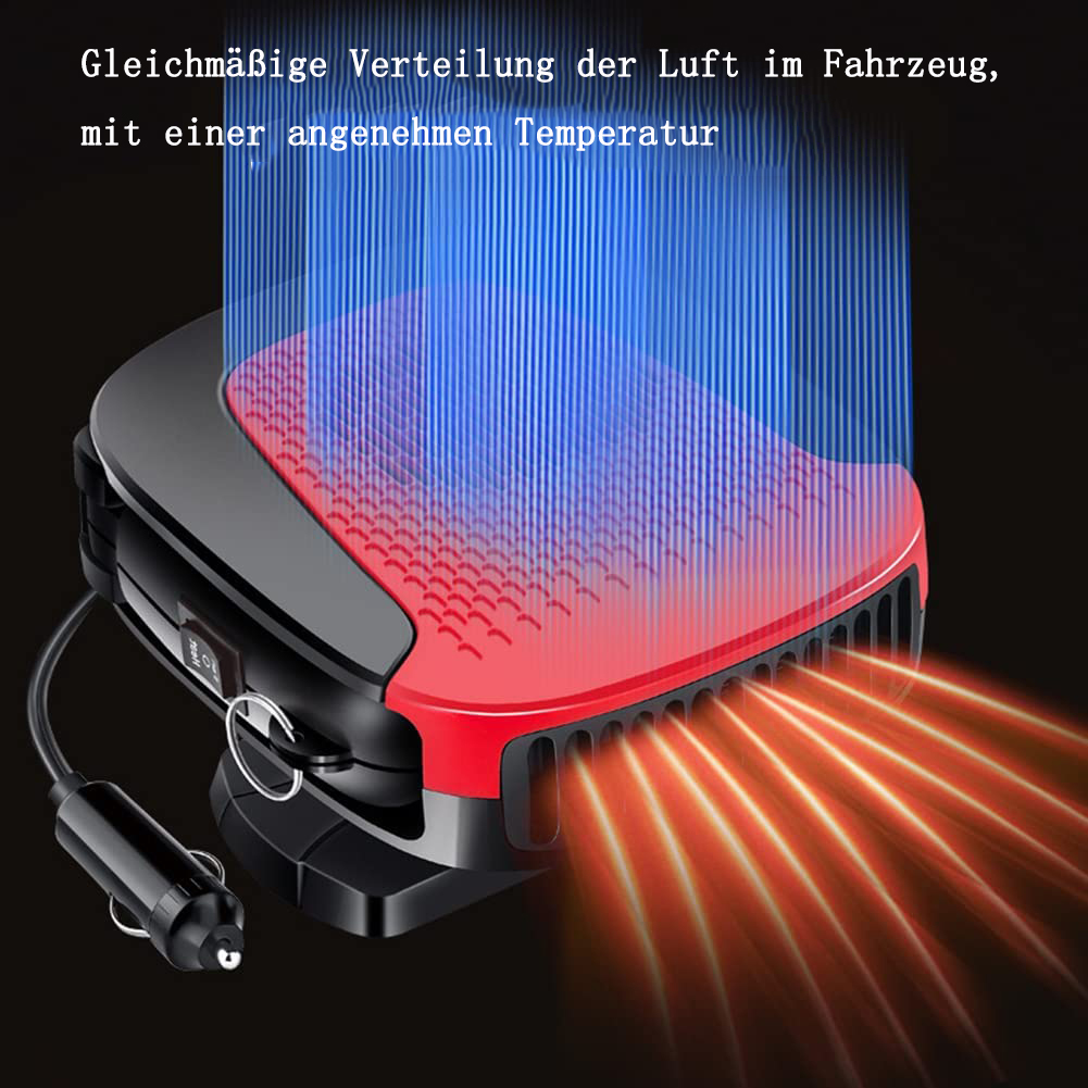 Eine Autoheizung mit rotem und schwarzem Design. Blauer Luftstrom von oben und oranger Luftstrom von unten. Text oben.