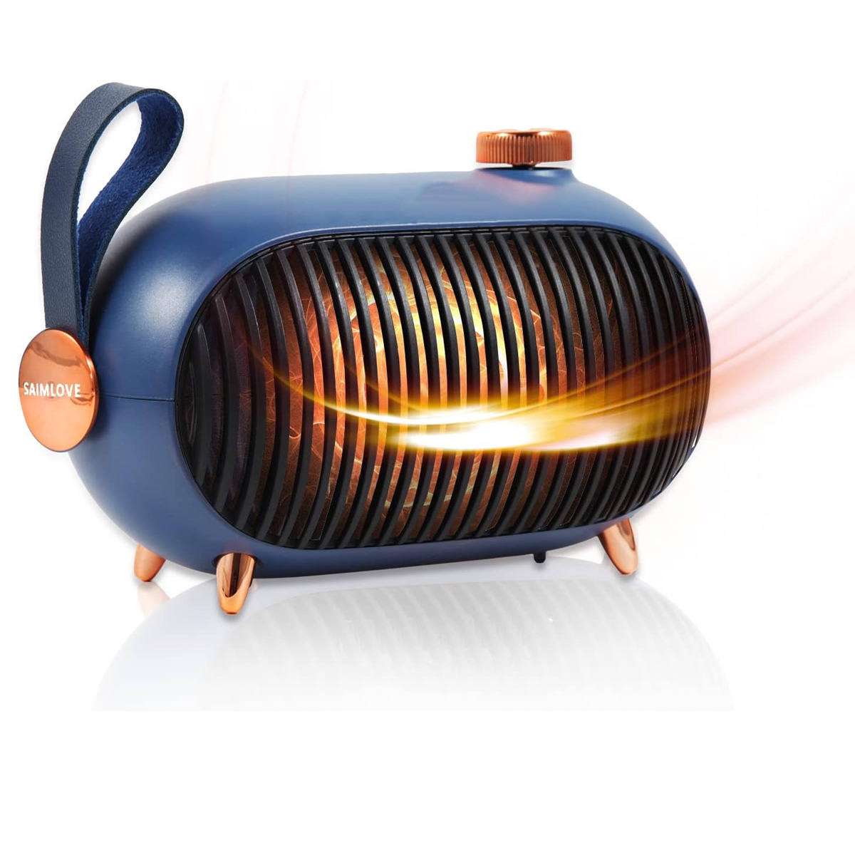 Ein blauer und kupferfarbener elektrischer Heizlüfter. Er hat einen Griff, ein Gitter und Beine. Warme Luft strömt aus dem Gitter.