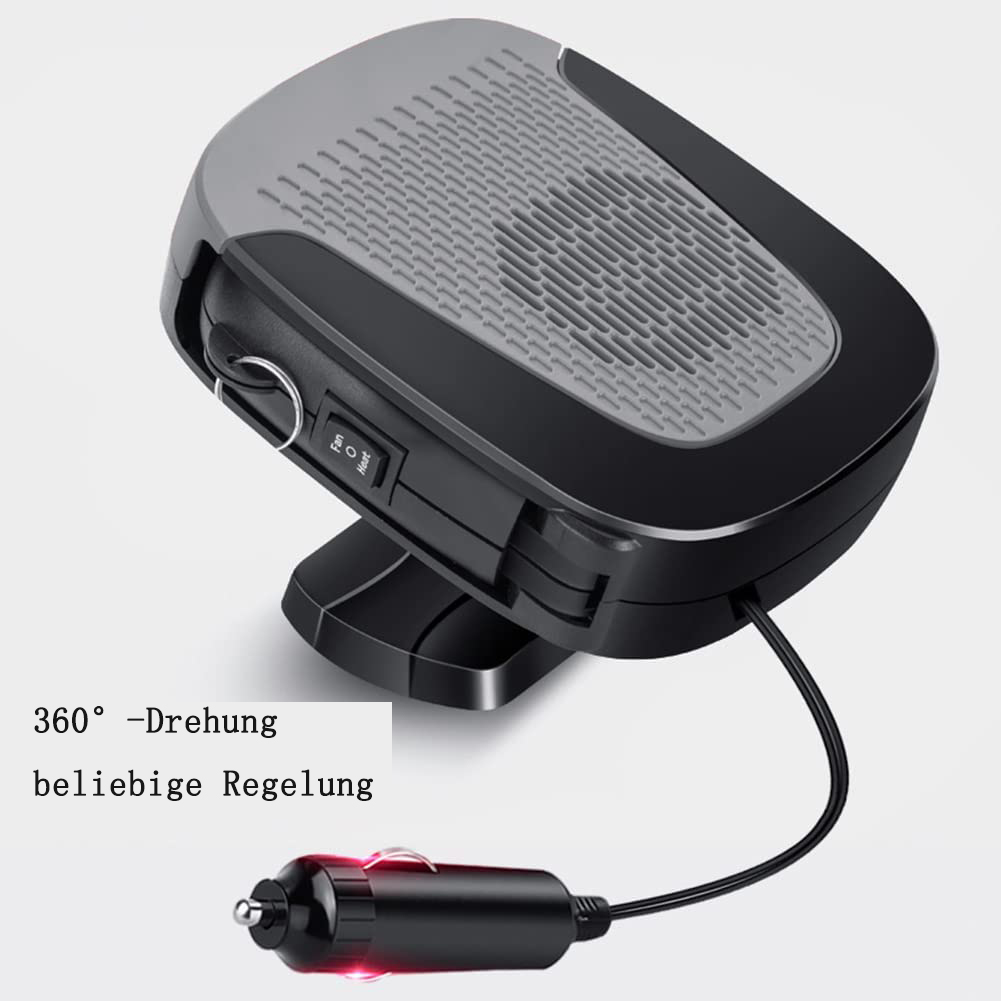Ein schwarz-graues Autoheizgerät mit Netzstecker. Das Heizgerät verfügt über einen Lüfter, eine Heizeinstellung und eine 360-Grad-Drehfunktion.