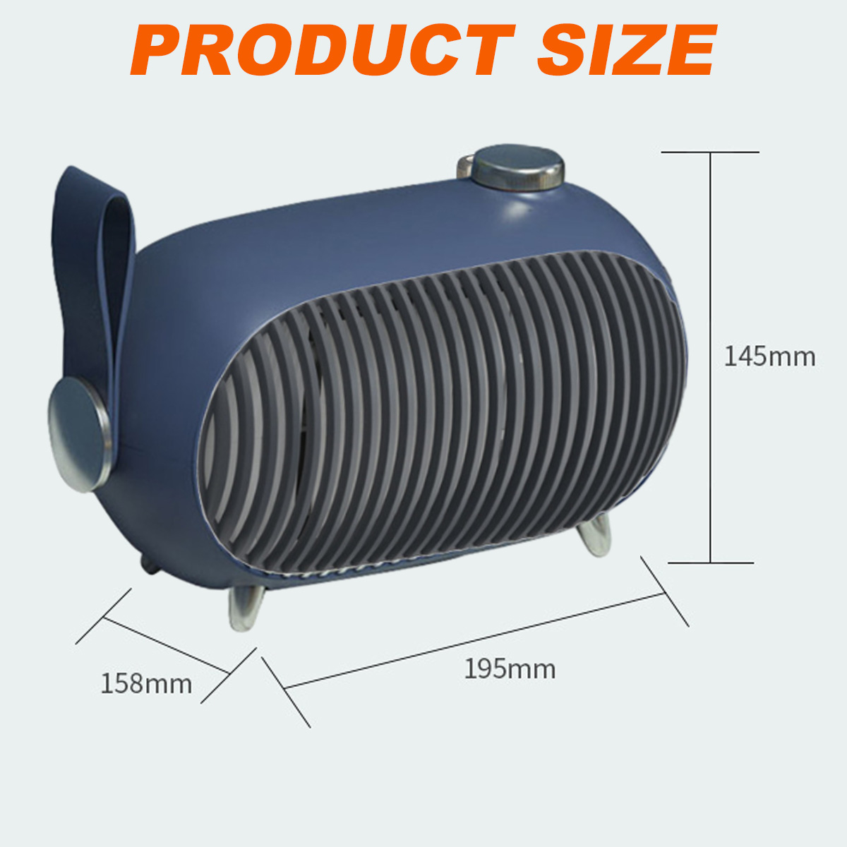 Ein blaues, ovales Produkt mit den Abmessungen: 195 mm lang, 145 mm hoch und 158 mm breit. Es hat einen Griff und ist mit 'PRODUCT SIZE' beschriftet.