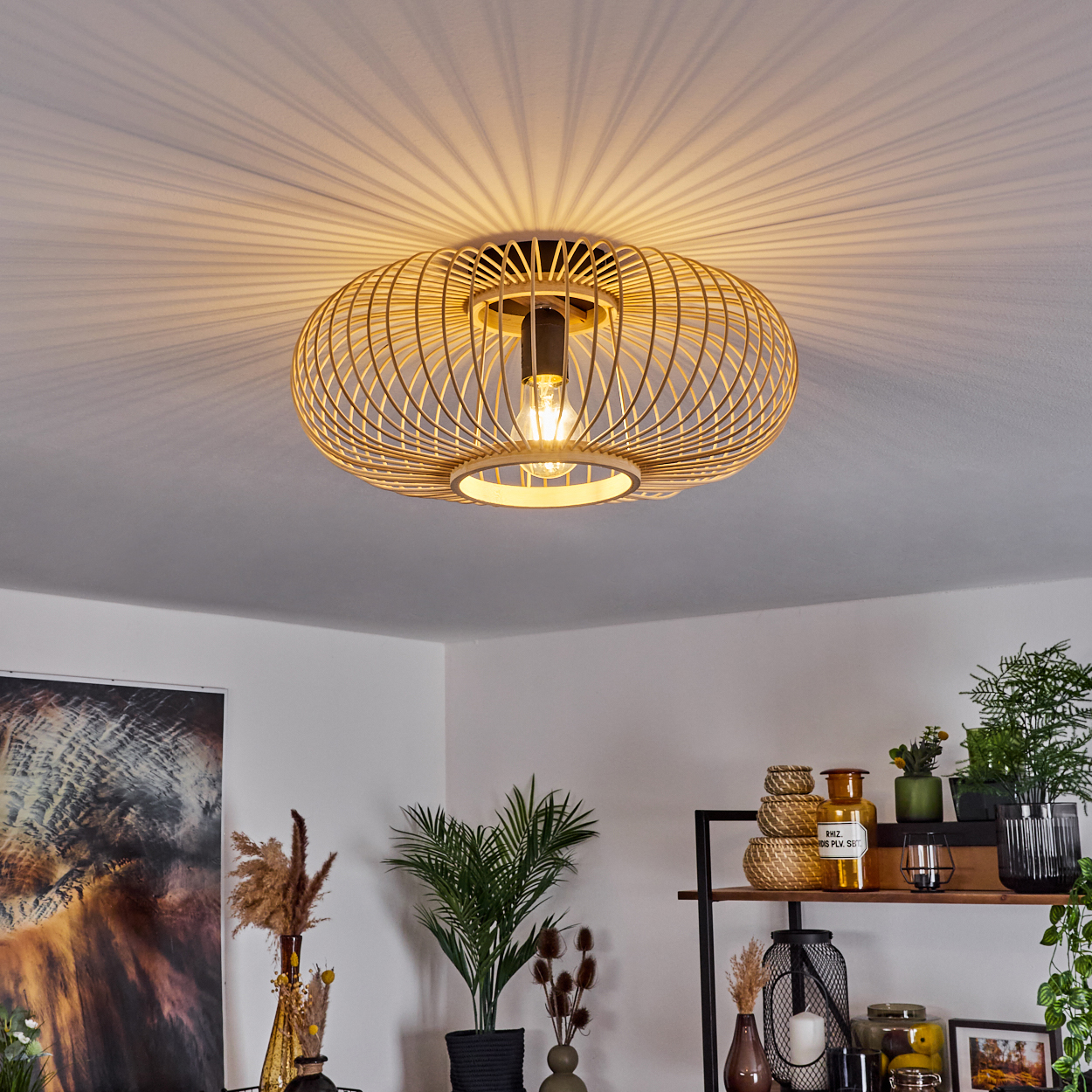 Eine gewebte, kugelförmige Deckenlampe wirft Schatten. Pflanzen und Regale mit Dekoration befinden sich im Raum. Die Decke ist weiß.