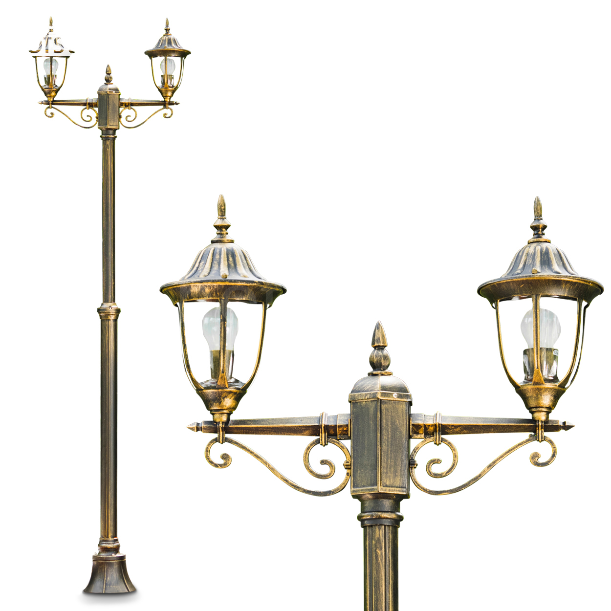 Eine verzierte bronzene Straßenlaterne mit drei Lichtern vor weißem Hintergrund. Detaillierte Nahaufnahmen des Lampendesigns sind ebenfalls zu sehen.