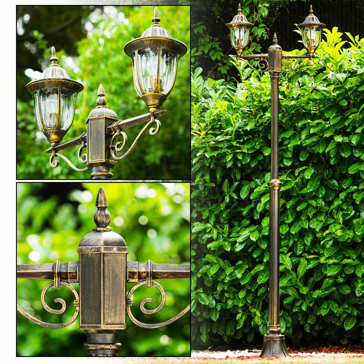 Eine verzierte bronzefarbene Laterne mit zwei Lampen. Grünes Laub im Hintergrund und Vordergrund. Nahaufnahmen der Laterne.