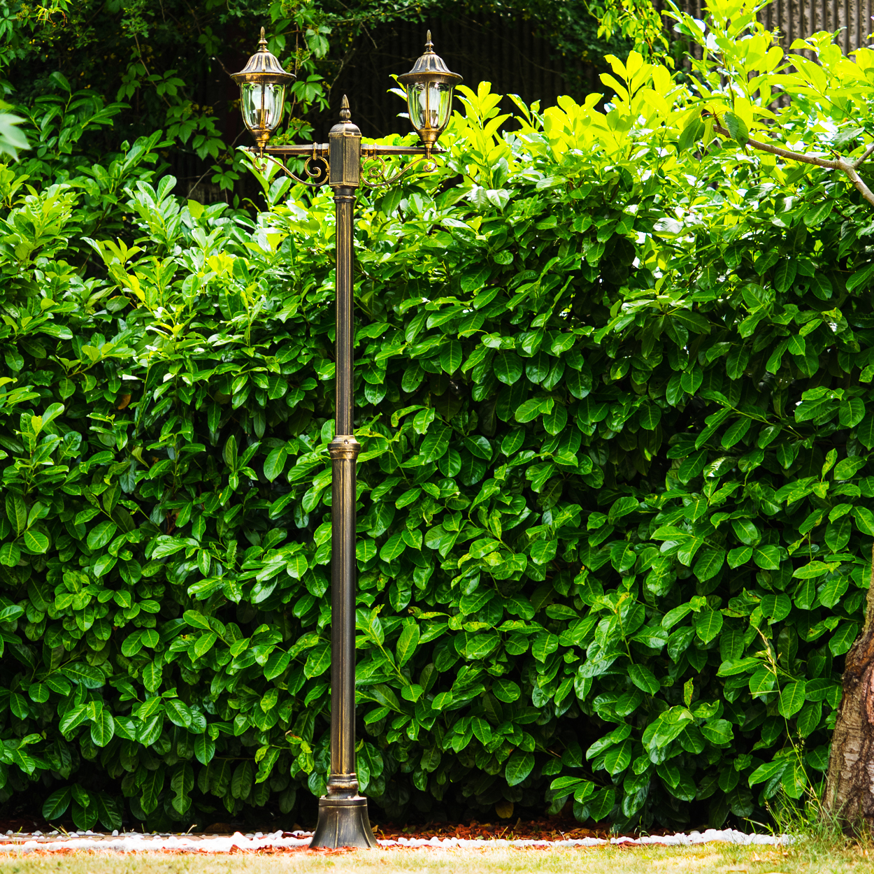 Eine verzierte Laterne mit zwei Lampen steht vor einer dichten grünen Hecke. Die Szene spielt sich im Freien ab, mit Gras am Boden.