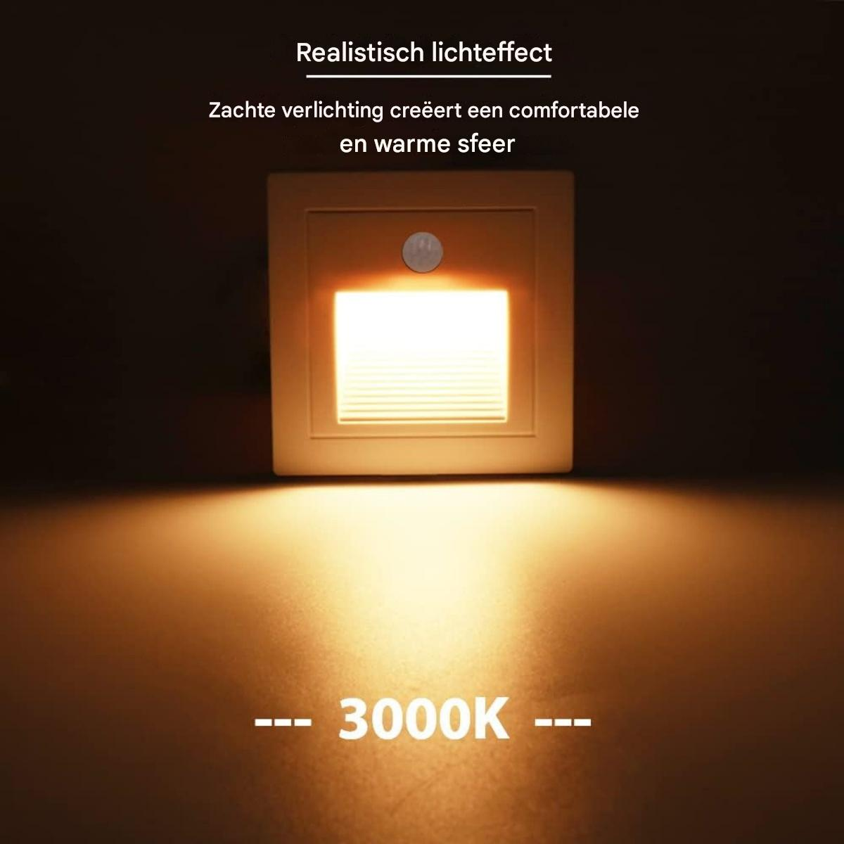 Eine quadratische, weiße Leuchte strahlt warmes Licht aus. Der Text lautet unten '3000K'. Der Hintergrund ist ein dunkles, braunes Farbverlauf.