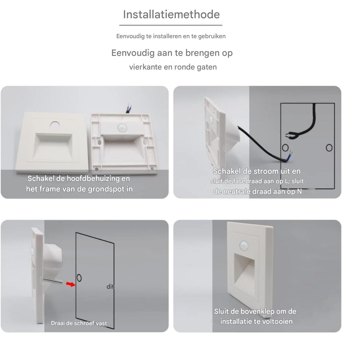 Installationsschritte mit Bildern: Zusammenbau einer weißen Lichtvorrichtung mit Kabelanschlüssen und einer Schraube.