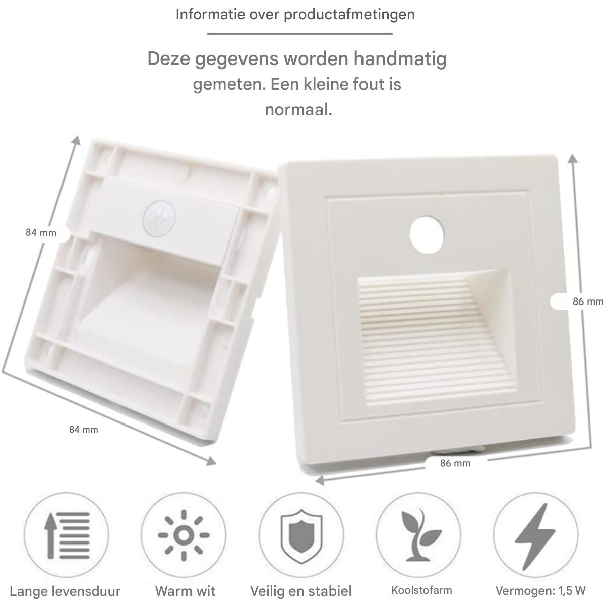 Zwei weiße, quadratische LED-Leuchten mit Abmessungen. Text beschreibt Produktmessungen. Symbole für Funktionen werden unten angezeigt.