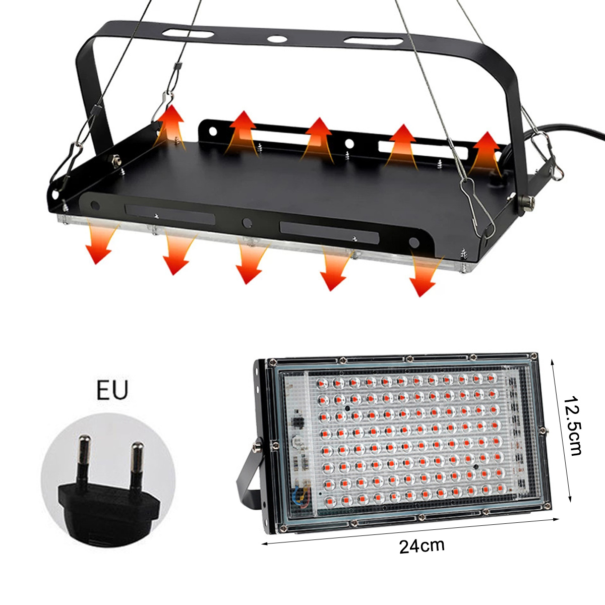 Schwarzes LED-Wachstumslicht mit Aufhängesystem. Unten ein rechteckiges LED-Panel und ein EU-Stecker. Abmessungen 24x12,5cm.