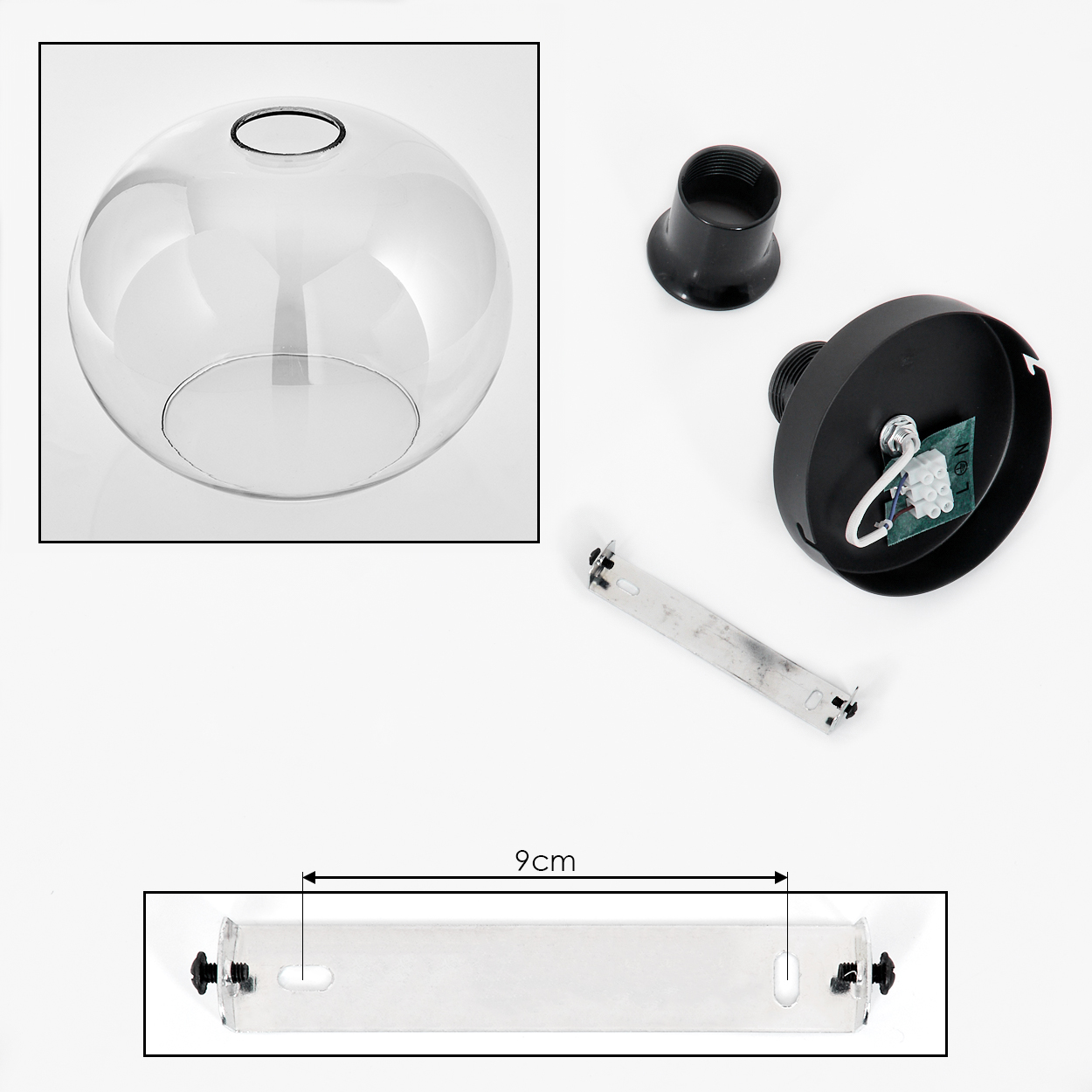 Zerlegte Lampenteile: Glasschirm, schwarze Halterung, Metallhalterung und ein schwarzer Adapter. Eine 9 cm lange Halterung wird gezeigt.