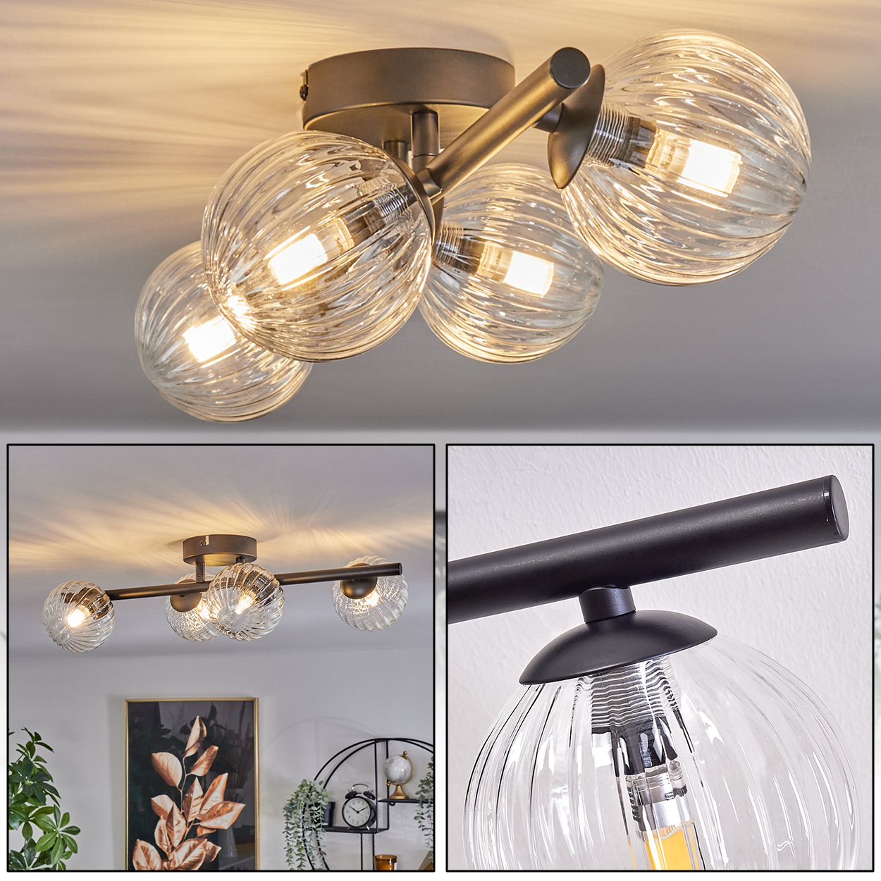 Deckenleuchte mit vier Glaskugeln. Das Licht ist an und beleuchtet das geriffelte Glas. Dunkle Metallarmaturen.