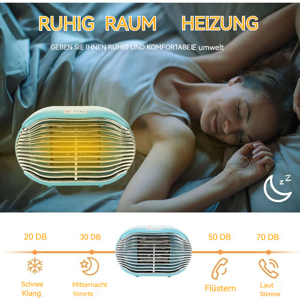 Eine Frau schläft im Bett neben einem blauen Heizgerät. Text weist auf leisen Betrieb hin. Grafiken zeigen Geräuschpegel und zugehörige Symbole.