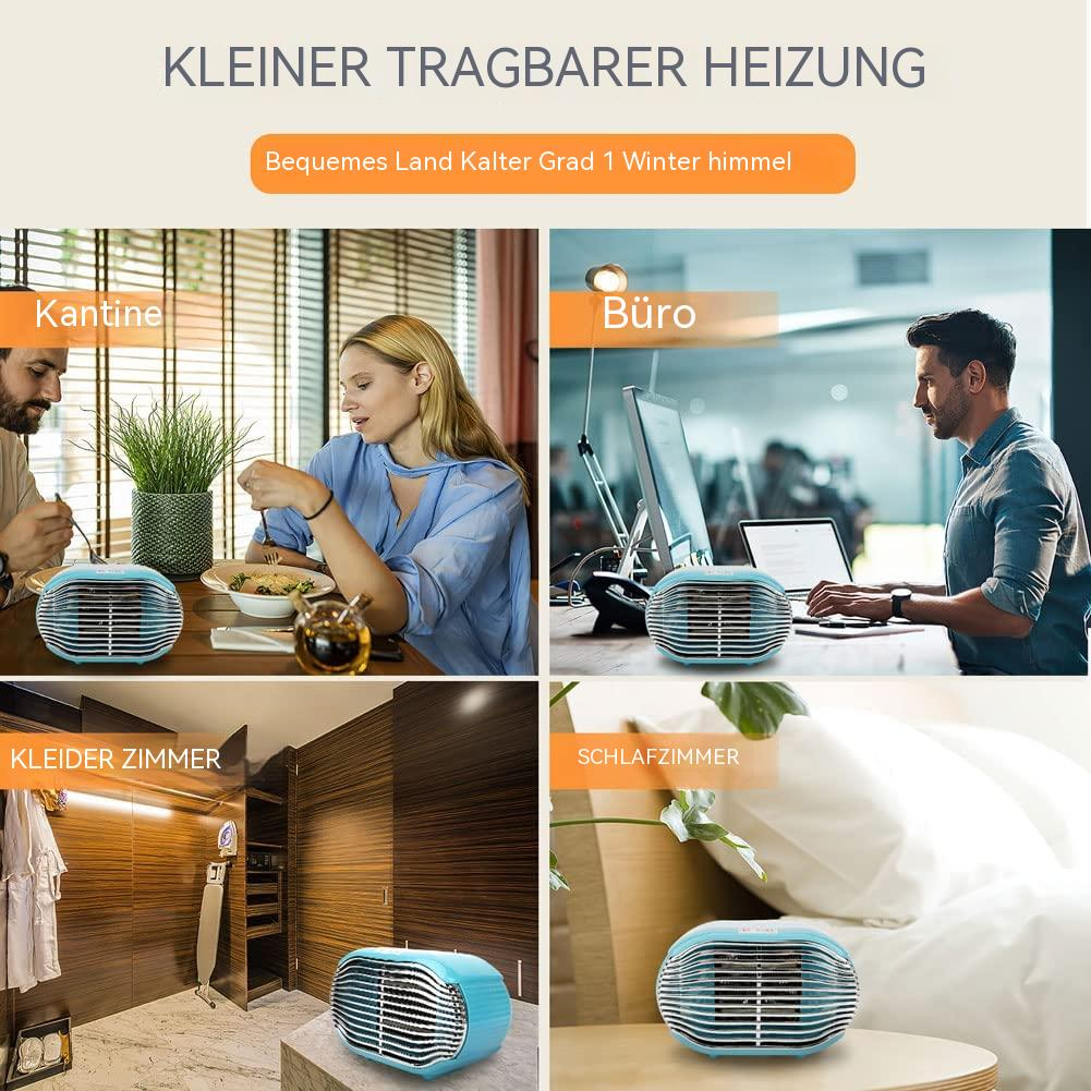 Das Bild zeigt einen tragbaren Heizlüfter in verschiedenen Räumen: Esszimmer, Büro, Kleiderschrank und Schlafzimmer. Menschen benutzen den Heizlüfter in den Szenen.