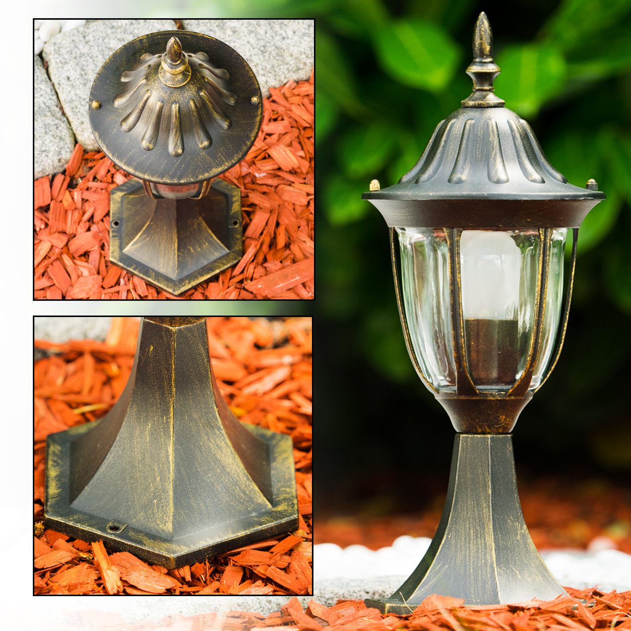 Eine Außenlampe mit Bronze-Finish, auf roter Mulch. Die Lampe hat ein Glasgehäuse und eine dekorative Oberseite, mit grünem Hintergrund.