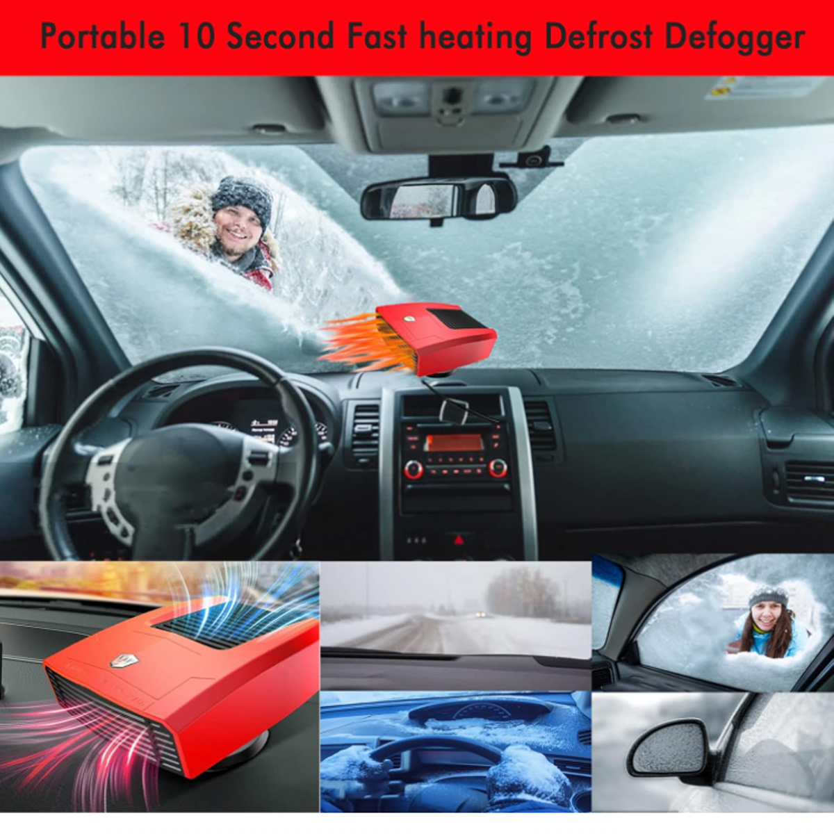 Autoinnenraum mit Person im Hintergrund. Ein roter Defogger in der Mitte. Schneebedeckte Szene durch die Windschutzscheibe.