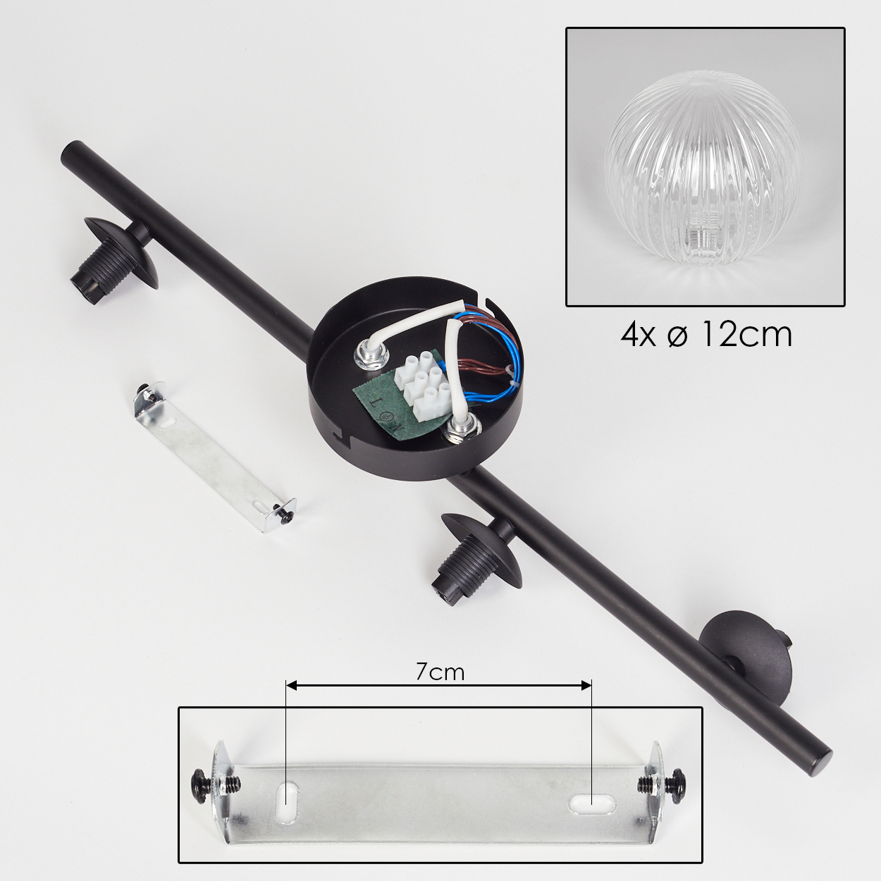 Zerlegte schwarze Leuchte mit einem klaren Glaskolben und einer Halterung. Drähte und elektrische Komponenten sind sichtbar.