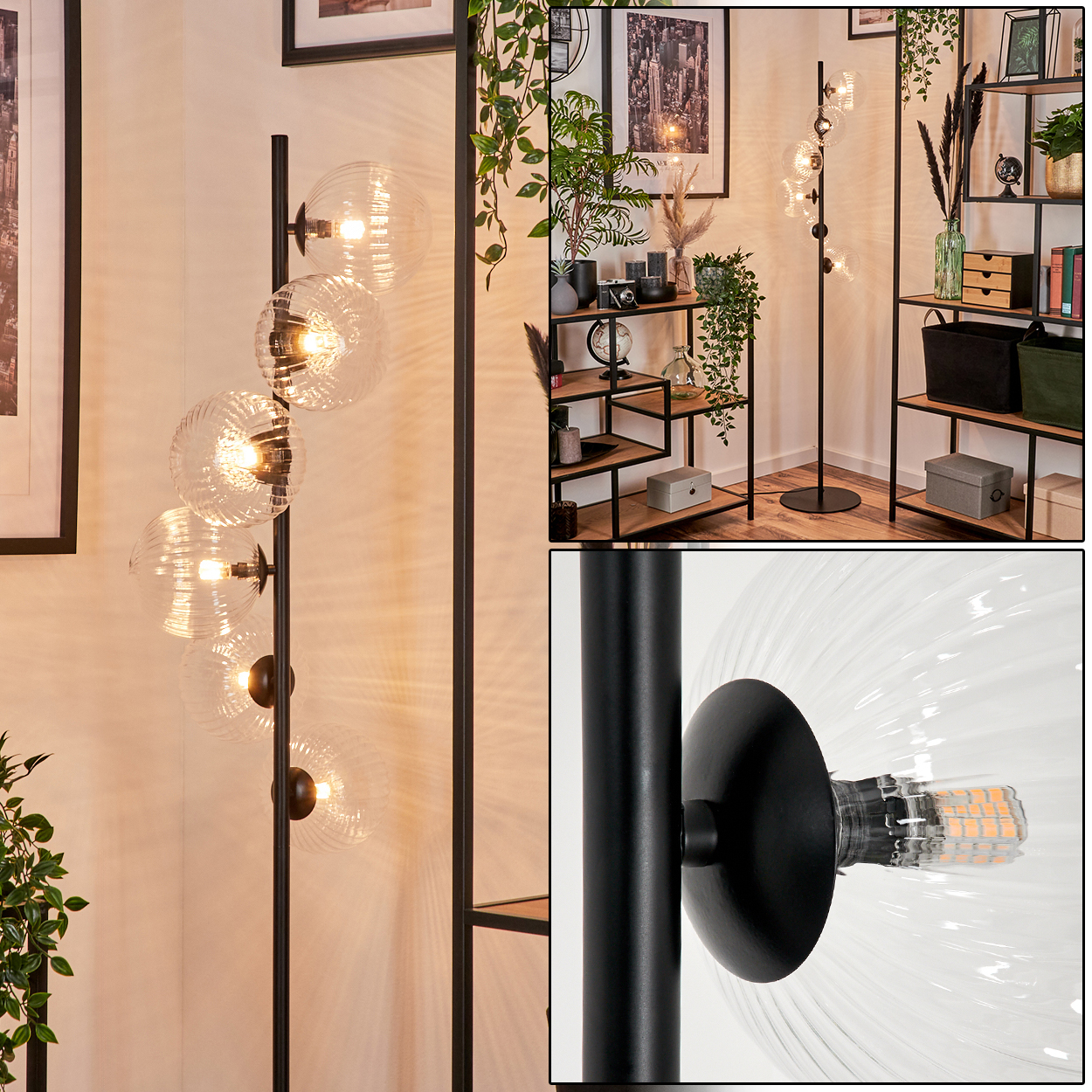Eine moderne Stehlampe mit fünf Glasschirmen. Die Lampe ist schwarz, mit schwarzem Fuß. Der Hintergrund zeigt Regale und Dekor.