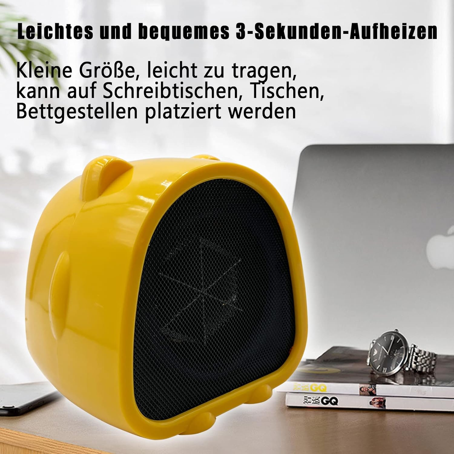 Ein gelber Heizlüfter auf einem Tisch mit Laptop und Uhr. Text sagt: 'Einfaches 3-Sekunden-Heizen' und 'Kleine Größe, leicht zu tragen'.